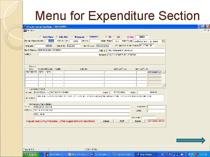 Menu for Expenditure Section 