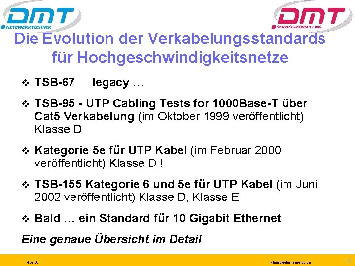 Die Evolution der Verkabelungsstandards für Hochgeschwindigkeitsnetze v TSB-67 legacy … v TSB-95 - UTP