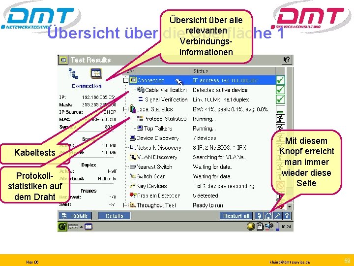 Übersicht über alle relevanten Verbindungsinformationen Übersicht über die Oberfläche 1 Kabeltests Protokollstatistiken auf dem