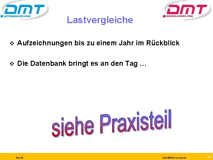 Lastvergleiche v Aufzeichnungen bis zu einem Jahr im Rückblick v Die Datenbank bringt es