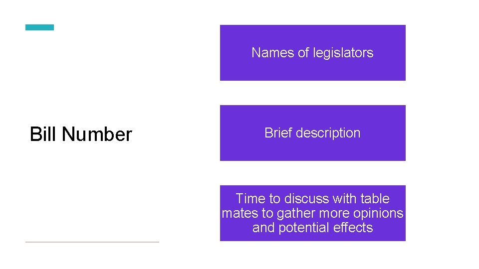 Names of legislators Bill Number Brief description Time to discuss with table mates to