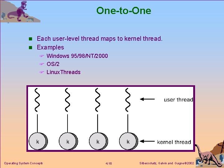 One-to-One n Each user-level thread maps to kernel thread. n Examples F Windows 95/98/NT/2000 One-to-One n Each user-level thread maps to kernel thread. n Examples F Windows 95/98/NT/2000