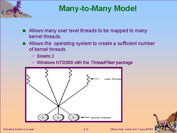 Many-to-Many Model n Allows many user level threads to be mapped to many kernel Many-to-Many Model n Allows many user level threads to be mapped to many kernel