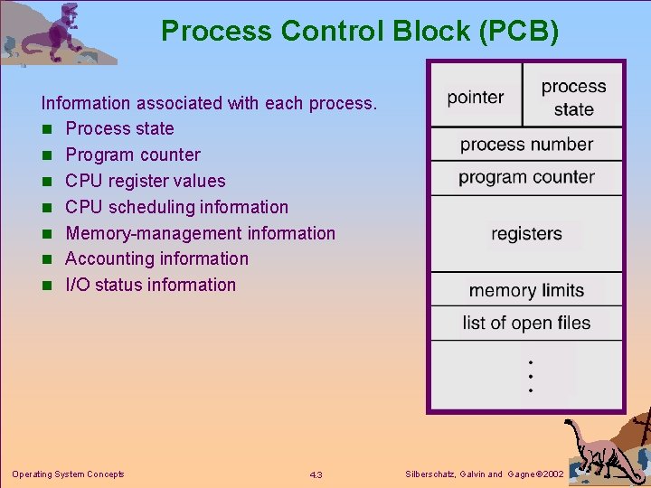 Process Control Block (PCB) Information associated with each process. n Process state n Program Process Control Block (PCB) Information associated with each process. n Process state n Program