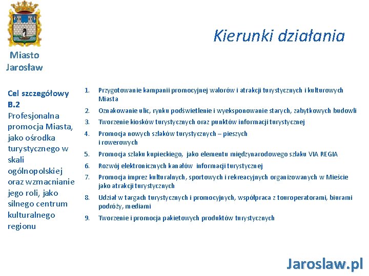 Kierunki działania Miasto Jarosław Cel szczegółowy B. 2 Profesjonalna promocja Miasta, jako ośrodka turystycznego