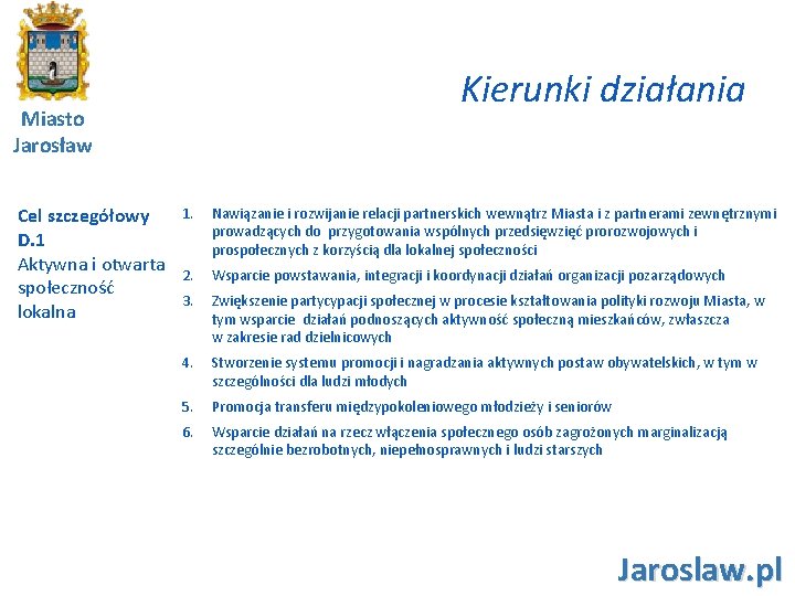 Kierunki działania Miasto Jarosław 1. Cel szczegółowy D. 1 Aktywna i otwarta 2. społeczność