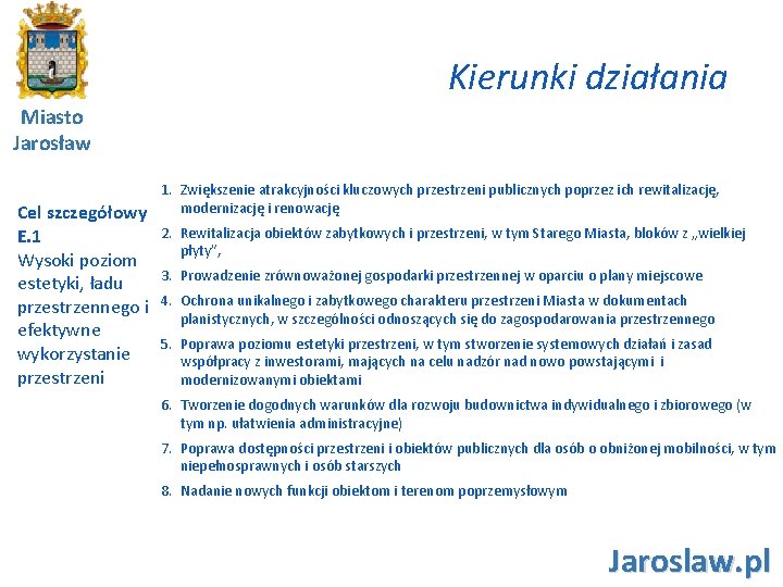 Kierunki działania Miasto Jarosław Cel szczegółowy E. 1 Wysoki poziom estetyki, ładu przestrzennego i