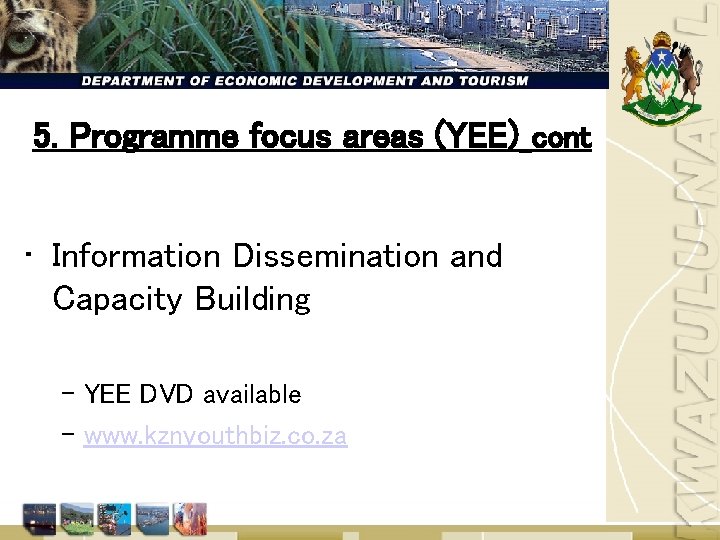 5. Programme focus areas (YEE) cont • Information Dissemination and Capacity Building – YEE