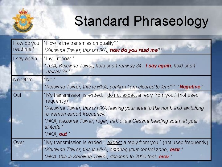 Standard Phraseology How do you read me? “How is the transmission quality? ” “Kelowna