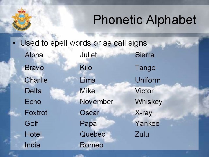 Phonetic Alphabet • Used to spell words or as call signs Alpha Juliet Sierra