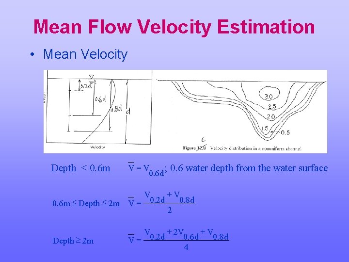 Mean Flow Velocity Estimation • Mean Velocity Depth < 0. 6 m V=V ;