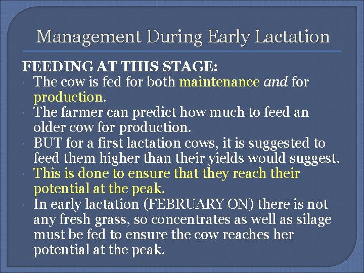 Management During Early Lactation FEEDING AT THIS STAGE: The cow is fed for both