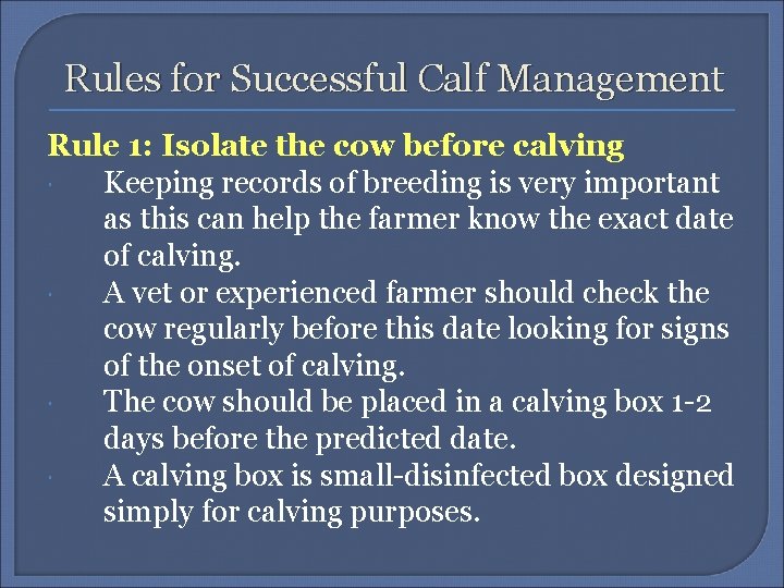 Rules for Successful Calf Management Rule 1: Isolate the cow before calving Keeping records