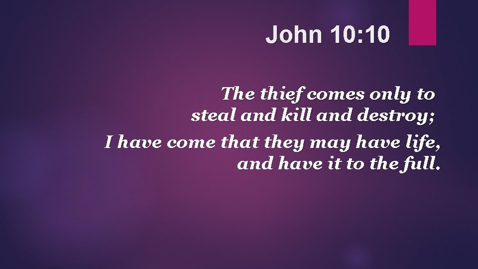 John 10: 10 The thief comes only to steal and kill and destroy; I