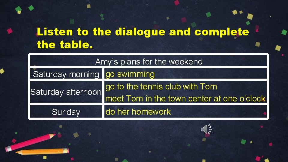 Listen to the dialogue and complete the table. Amy’s plans for the weekend Saturday