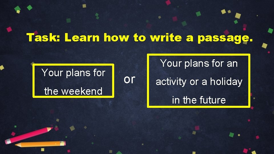 Task: Learn how to write a passage. Your plans for the weekend Your plans