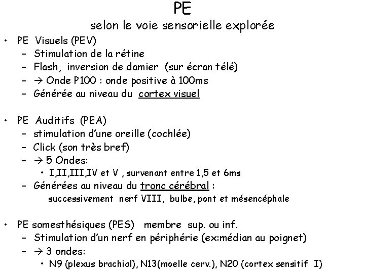 PE selon le voie sensorielle explorée • PE – – Visuels (PEV) Stimulation de