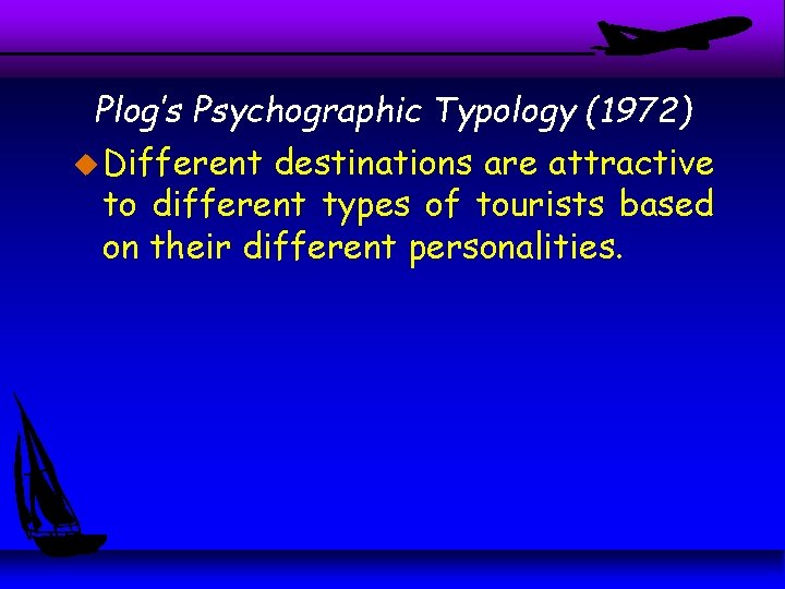 Plog’s Psychographic Typology (1972) u Different destinations are attractive to different types of tourists Plog’s Psychographic Typology (1972) u Different destinations are attractive to different types of tourists