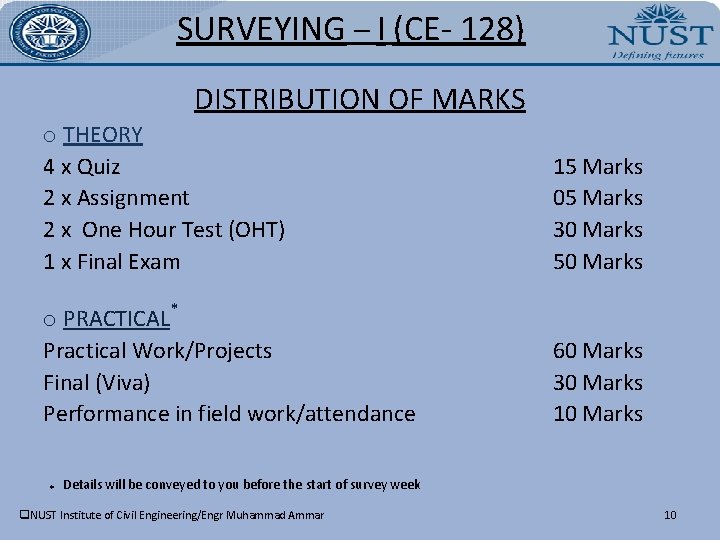 SURVEYING – I (CE- 128) DISTRIBUTION OF MARKS o THEORY 4 x Quiz 2