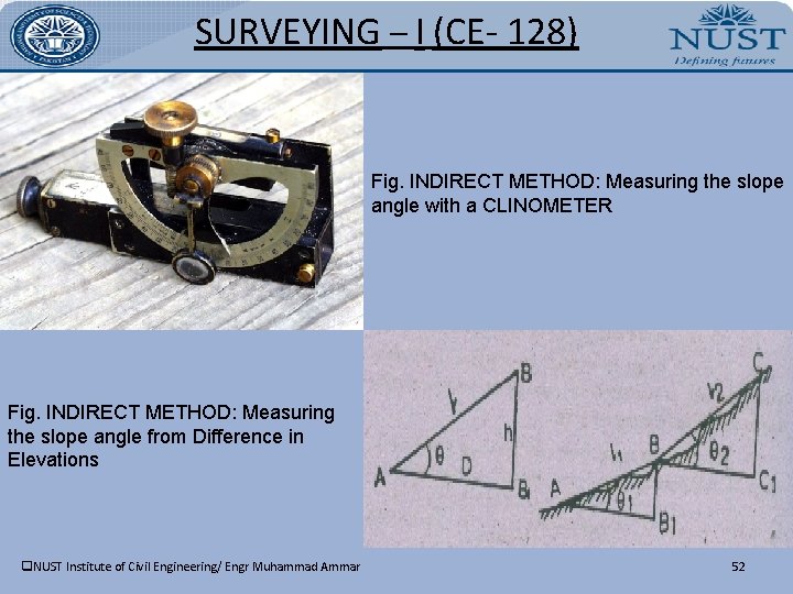 SURVEYING – I (CE- 128) Fig. INDIRECT METHOD: Measuring the slope angle with a