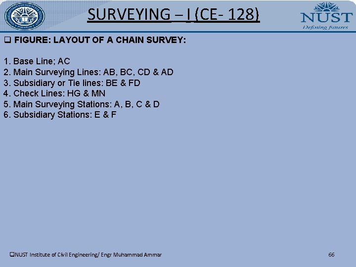 SURVEYING – I (CE- 128) q FIGURE: LAYOUT OF A CHAIN SURVEY: 1. Base