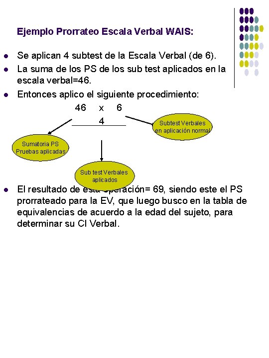 Ejemplo Prorrateo Escala Verbal WAIS: l l l Se aplican 4 subtest de la