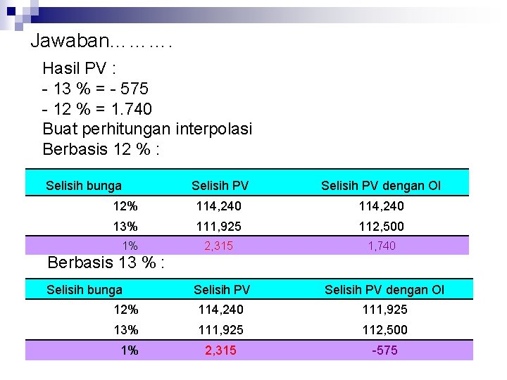 Jawaban………. Hasil PV : - 13 % = - 575 - 12 % =