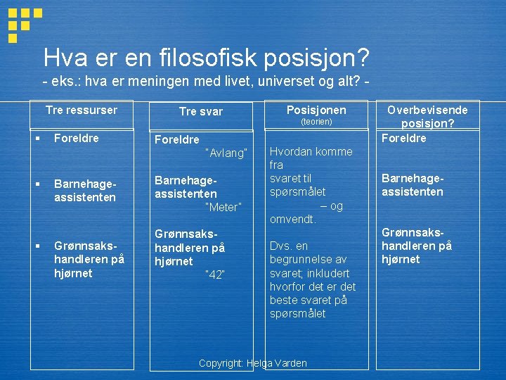 Hva er en filosofisk posisjon? - eks. : hva er meningen med livet, universet