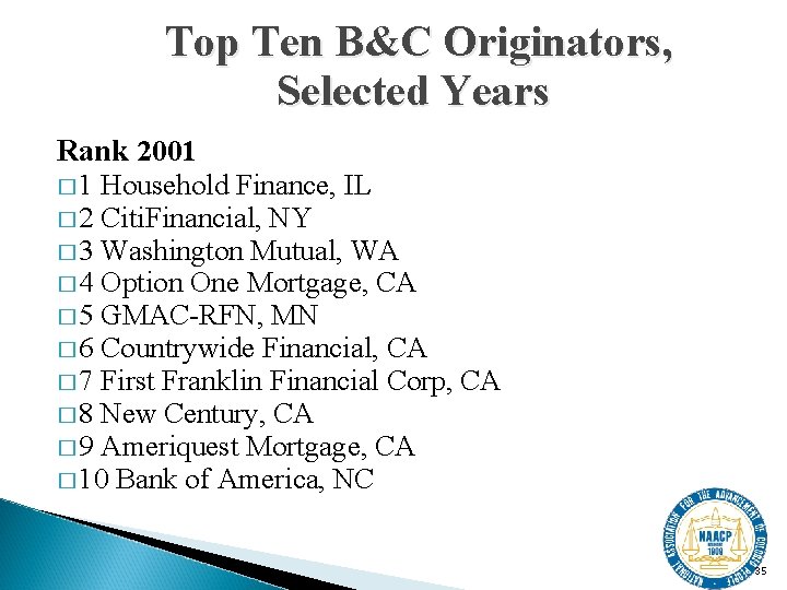 Top Ten B&C Originators, Selected Years Rank 2001 � 1 Household Finance, IL �