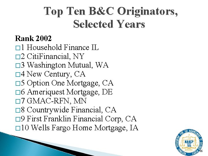 Top Ten B&C Originators, Selected Years Rank 2002 � 1 Household Finance IL �