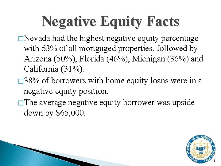 Negative Equity Facts �Nevada had the highest negative equity percentage with 63% of all