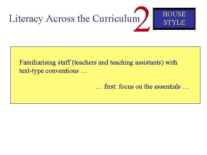 2 Literacy Across the Curriculum HOUSE STYLE Familiarising staff (teachers and teaching assistants) with