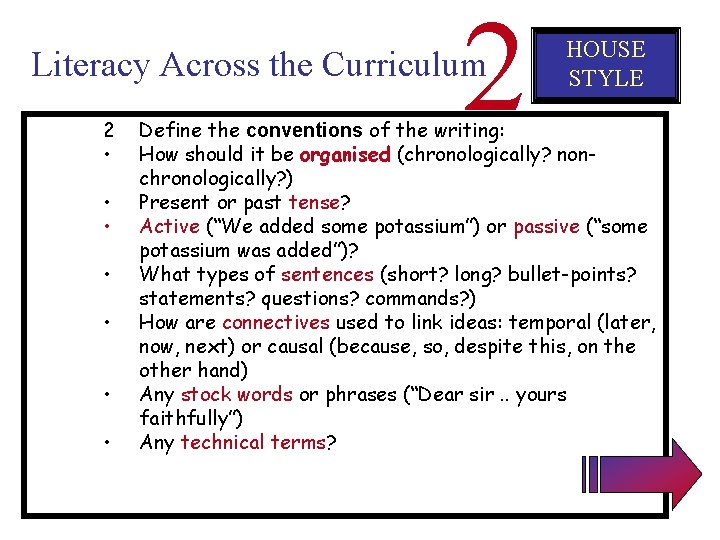 2 Literacy Across the Curriculum 2 • • HOUSE STYLE Define the conventions of