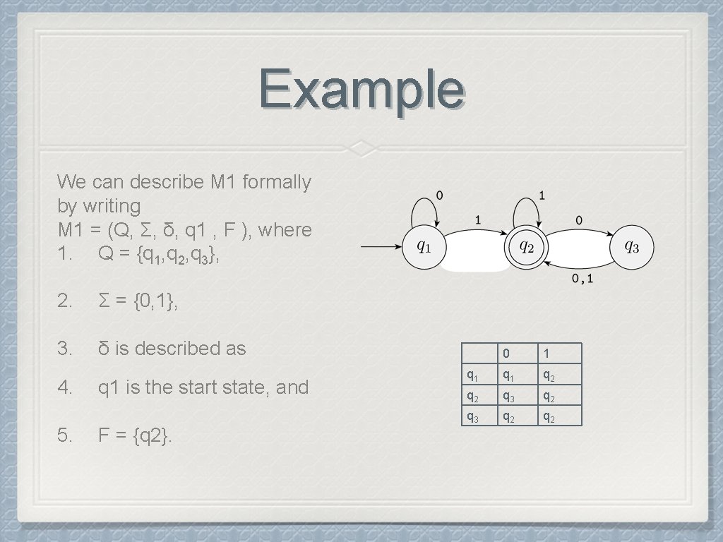 Example We can describe M 1 formally by writing M 1 = (Q, Σ,