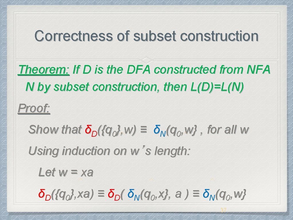 Correctness of subset construction Theorem: If D is the DFA constructed from NFA N