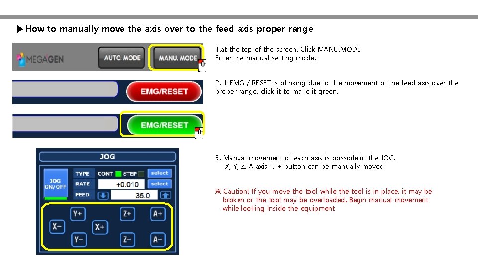 ▶How to manually move the axis over to the feed axis proper range 1.