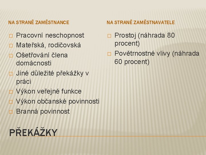 NA STRANĚ ZAMĚSTNANCE � � � � Pracovní neschopnost Mateřská, rodičovská Ošetřování člena domácnosti