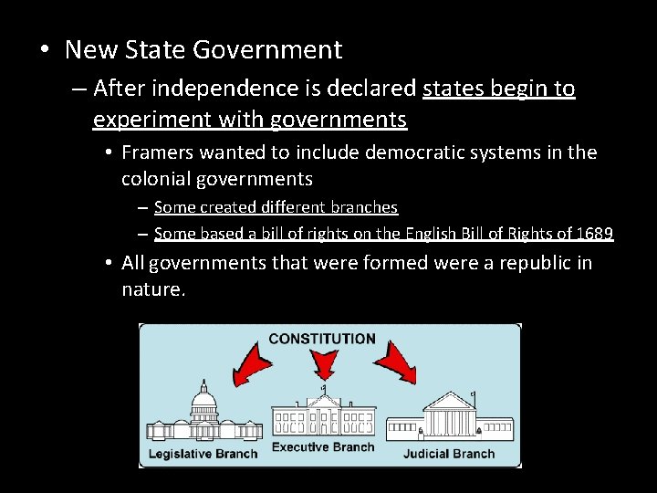  • New State Government – After independence is declared states begin to experiment