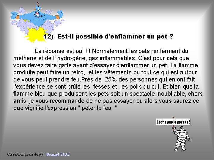 12) Est-il possible d'enflammer un pet ? La réponse est oui !!! Normalement les