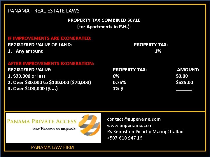 PANAMA - REAL ESTATE LAWS PROPERTY TAX COMBINED SCALE (for Apartments in P. H.