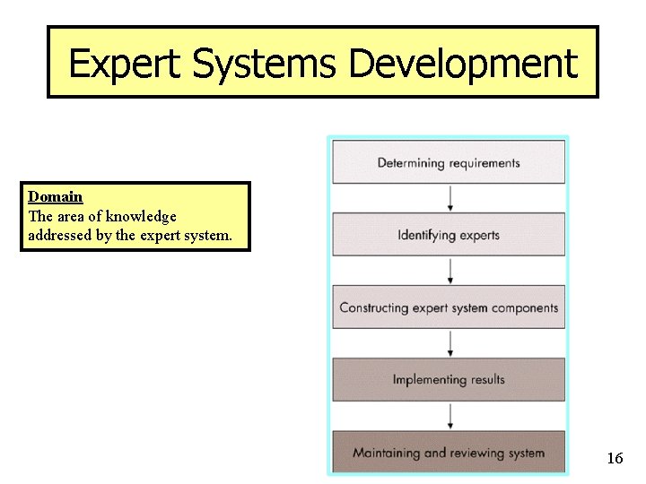 Expert Systems Development Domain The area of knowledge addressed by the expert system. 16