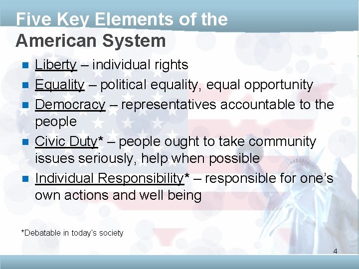 Five Key Elements of the American System n n n Liberty – individual rights