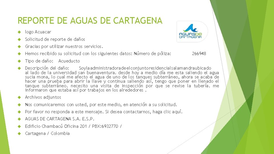 REPORTE DE AGUAS DE CARTAGENA logo Acuacar Solicitud de reporte de daños Gracias por REPORTE DE AGUAS DE CARTAGENA logo Acuacar Solicitud de reporte de daños Gracias por