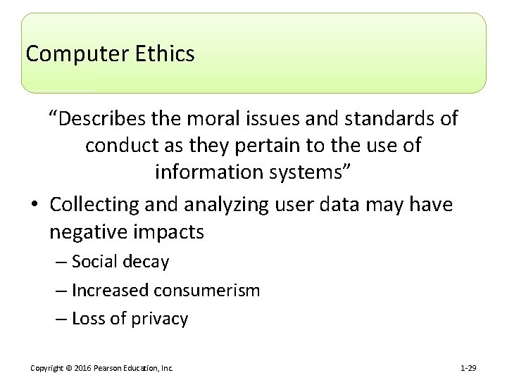 Computer Ethics “Describes the moral issues and standards of conduct as they pertain to