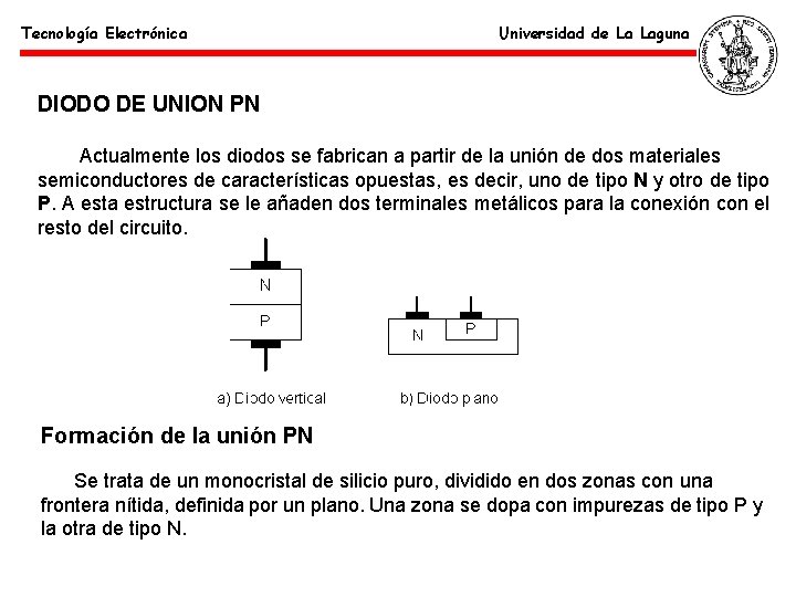 Tecnología Electrónica Universidad de La Laguna DIODO DE UNION PN Actualmente los diodos se