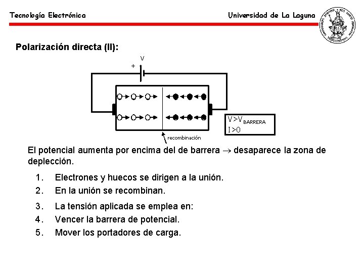 Tecnología Electrónica Universidad de La Laguna Polarización directa (II): El potencial aumenta por encima
