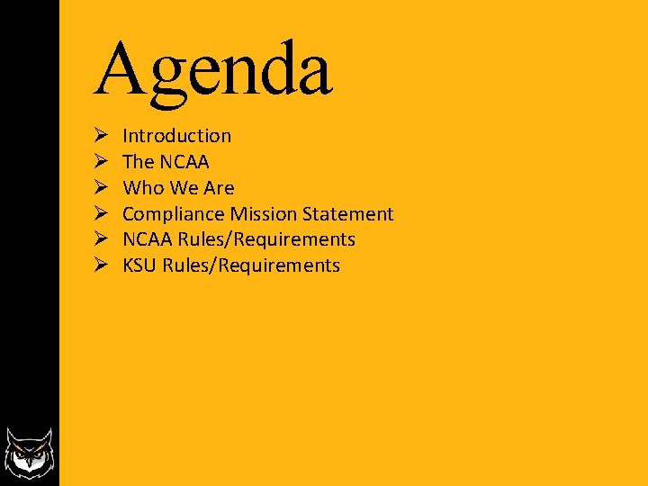 Agenda Ø Ø Ø Introduction The NCAA Who We Are Compliance Mission Statement NCAA Agenda Ø Ø Ø Introduction The NCAA Who We Are Compliance Mission Statement NCAA