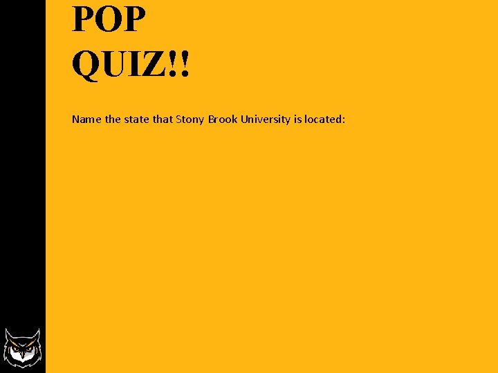 POP QUIZ!! Name the state that Stony Brook University is located: POP QUIZ!! Name the state that Stony Brook University is located: