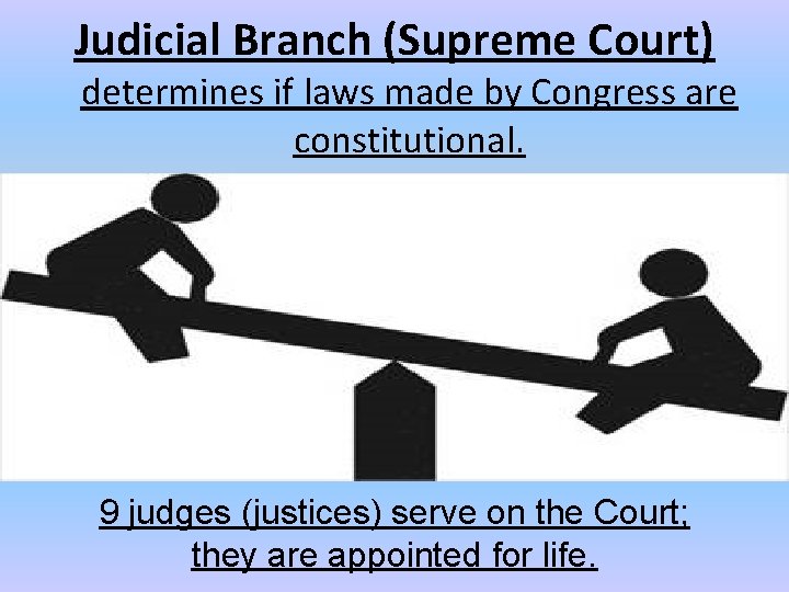 Judicial Branch (Supreme Court) determines if laws made by Congress are constitutional. 9 judges