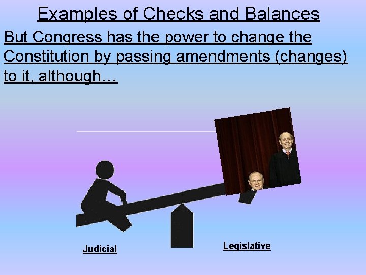 Examples of Checks and Balances But Congress has the power to change the Constitution